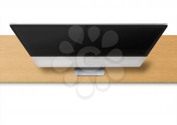 Modern computer monitor with black screen on wooden desk isolated on white  background. Front view from the top. Highly detailed illustration.