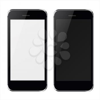 Realistic black mobile phones with black and blank screen isolated on white background. Highly detailed illustration.