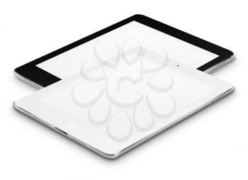 Realistic tablet computers with blank screens isolated on white background. Highly detailed illustration.