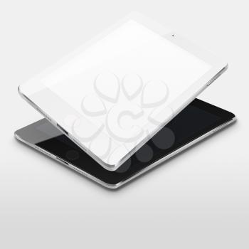 Tablet computers with blank and black screens on gray background. Highly detailed illustration.