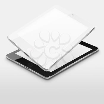 Tablet computers with blank screens on gray background. Highly detailed illustration.