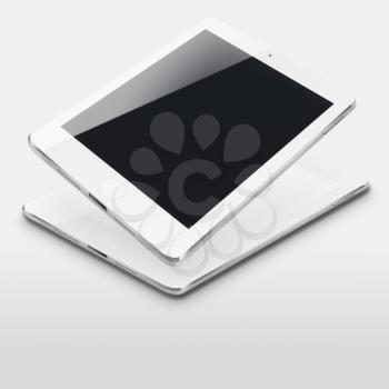 Tablet computers with blank and black screens on gray background. Highly detailed illustration.