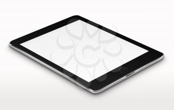 Realistic tablet computer with blank screen on gray background. Highly detailed illustration.