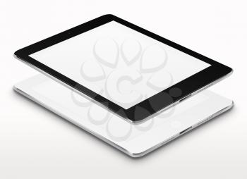 Realistic tablet computers with blank screens on gray background. Highly detailed illustration.