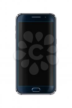 Realistic mobile phone with black screen isolated on white background. Highly detailed illustration.