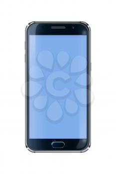 Realistic mobile phone with blue screen isolated on white background. Highly detailed illustration.