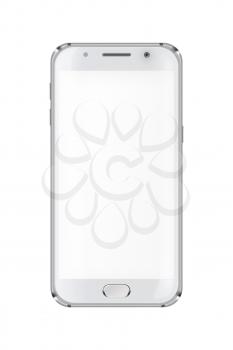 Realistic mobile phone with blank screen isolated on white background. Highly detailed illustration.