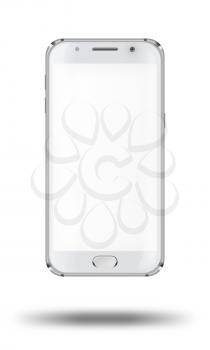 Realistic mobile phone with blank screen and shadows isolated on white background. Highly detailed illustration.