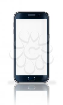 Realistic mobile phone with blank screen, reflection and shadows isolated on white background. Highly detailed illustration.