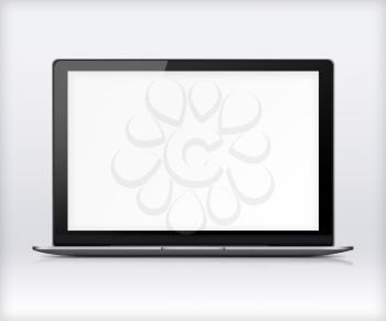 Modern glossy laptop with blank white screen, reflection and shadows on gray background. Highly detailed illustration.
