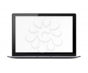 Modern glossy laptop with blank white screen and shadows isolated on white background. Highly detailed illustration.
