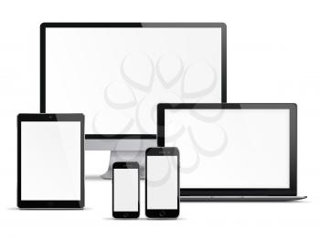 Computer monitor, mobile phone, smartphone, laptop and tablet pc with blank screen isolated on white background. Highly detailed illustration.