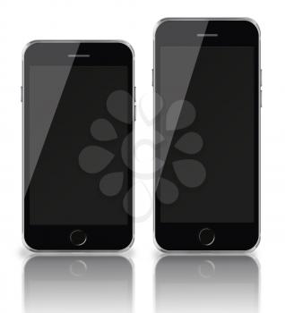 Mobile smart phones with black screen isolated on white background. Highly detailed illustration.
