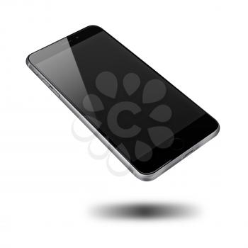Realistic mobile phone with black screen and shadows isolated on white background. Highly detailed illustration.