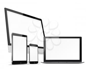 Computer monitor, mobile phone, laptop and tablet pc with blank screen isolated on white background. Highly detailed illustration.