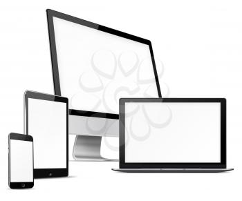 Computer monitor, mobile phone, laptop and tablet pc with blank screen isolated on white background. Highly detailed illustration.
