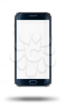 Realistic mobile phone with blank screen and shadows isolated on white background. Highly detailed illustration.