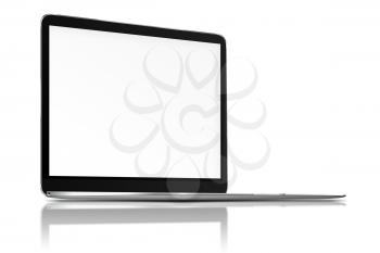 Modern laptop with blank screen, reflection and shadows isolated on white background. Highly detailed illustration.