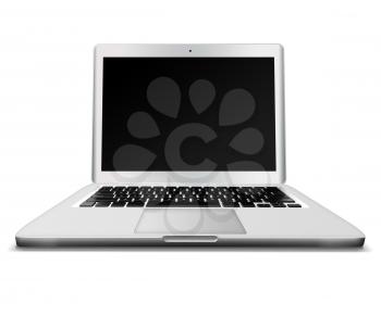 Modern glossy laptop with black screen and shadows isolated on white background. Highly detailed illustration.