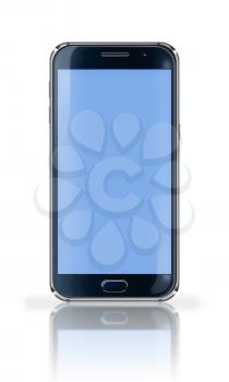 Realistic mobile phone with blue screen, reflection and shadows isolated on white background. Highly detailed illustration.