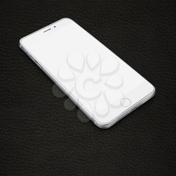 Realistic mobile phone with blank white screen and shadows on leather
background. Highly detailed illustration.