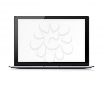 Modern glossy laptop with blank white screen, reflection and shadows isolated on white background. Highly detailed illustration.

