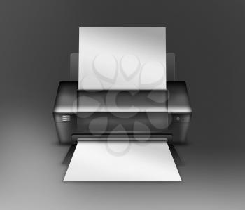 Realistic modern printer on gray background. Highly detailed illustration.