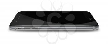 Fashionable phone realistic smartphone with black screen and shadows isolated on white background. Highly detailed illustration.
