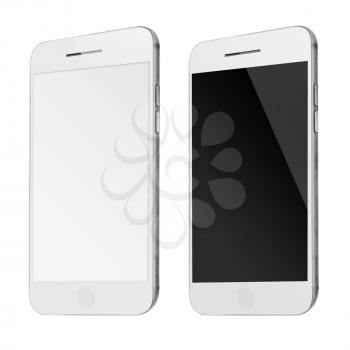 Modern mobile smart phones with white and blank screen isolated on white background. Highly detailed illustration.