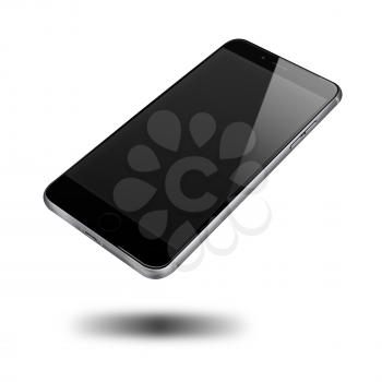Modern mobile phone with black screen and shadows isolated on white background. Highly detailed illustration.