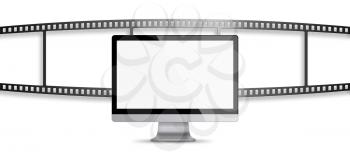 Modern flat screen computer monitor with blank screen and roll of film with place for your images isolated on white background. Highly detailed illustration.
