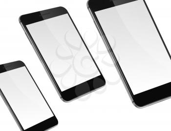Mobile smart phones with blank screens isolated on white background. Highly detailed illustration.