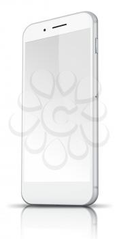 Realistic mobile phone with blank screen, shadows and reflections isolated on white background. Highly detailed illustration.