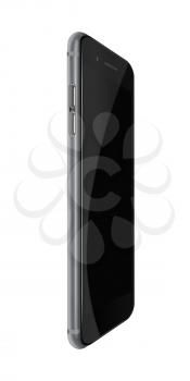Fashionable phone realistic smartphone with black screen isolated on white background. Highly detailed illustration. 
