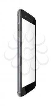 Fashionable phone realistic smartphone with blank screen isolated on white background. Highly detailed illustration. 
