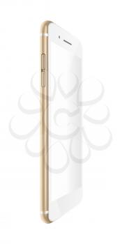 Fashionable phone realistic smartphone with blank screen isolated on white background. Highly detailed illustration.
