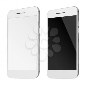 Modern mobile smart phones with white and blank screen isolated on white background. Highly detailed illustration.