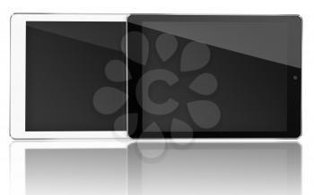 Tablet computers with black screen and reflection isolated on white background. Highly detailed illustration.