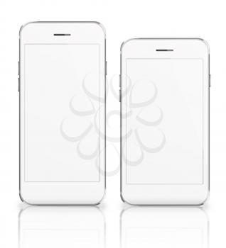 Mobile smart phones with white screen isolated on white background. Highly detailed illustration.