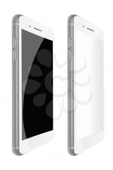 Fashionable phones realistic smartphones with black and blank screens isolated on white background. Highly detailed illustration. 
