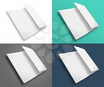 Set of blank trifold brochure zigzag folded flyer isolated on white background with shadows. Highly detailed illustration.