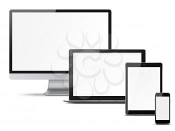 Computer monitor, mobile phone, smartphone, laptop and tablet pc with blank screen isolated on white background. Highly detailed illustration.