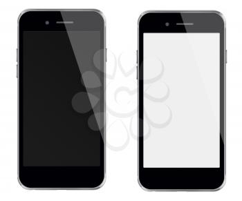 Realistic mobile phones with blank and black screens isolated on white background. Highly detailed illustration.