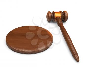 Wooden judge gavel and sound board isolated on white background. Highly detailed render.
