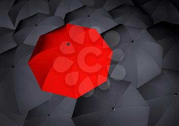 Top view on unique red umbrella among many dark ones. Business and leadership concept. Highly detailed render.