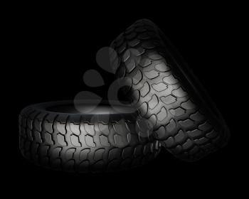 New rubber tires for car on black background. 3D rendering. 