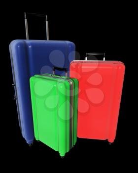 Large family polycarbonate luggages isolated on black background. 3D rendering.