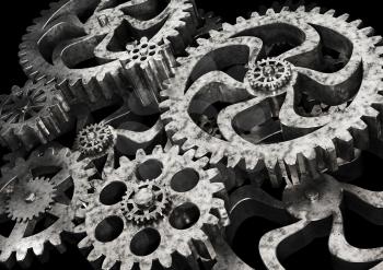 Gears wheels from rusty metal on black background. 3D rendering.