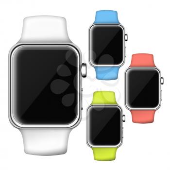Modern trendy colorful smart watches with empty black screen. 3D illustration.