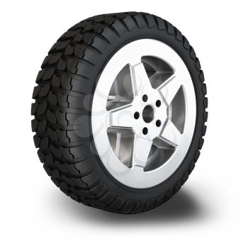 New rubber tire for car with shadows isolated on white background. 3D rendering. 